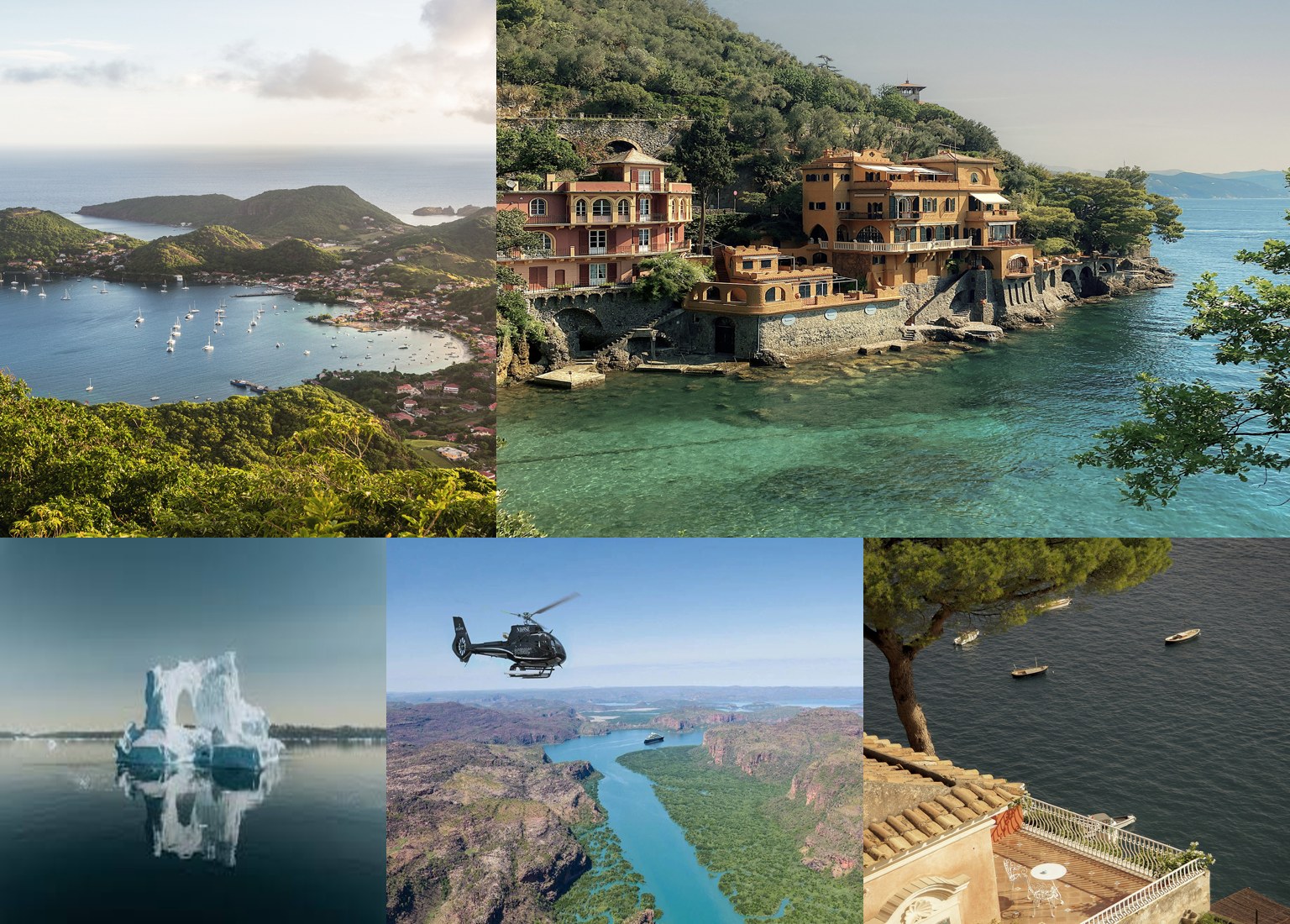 Collage de destinos de crucero de lujo: Les Saintes en el Caribe, Portofino, un iceberg en el Ártico y la región de Kimberley en Australia