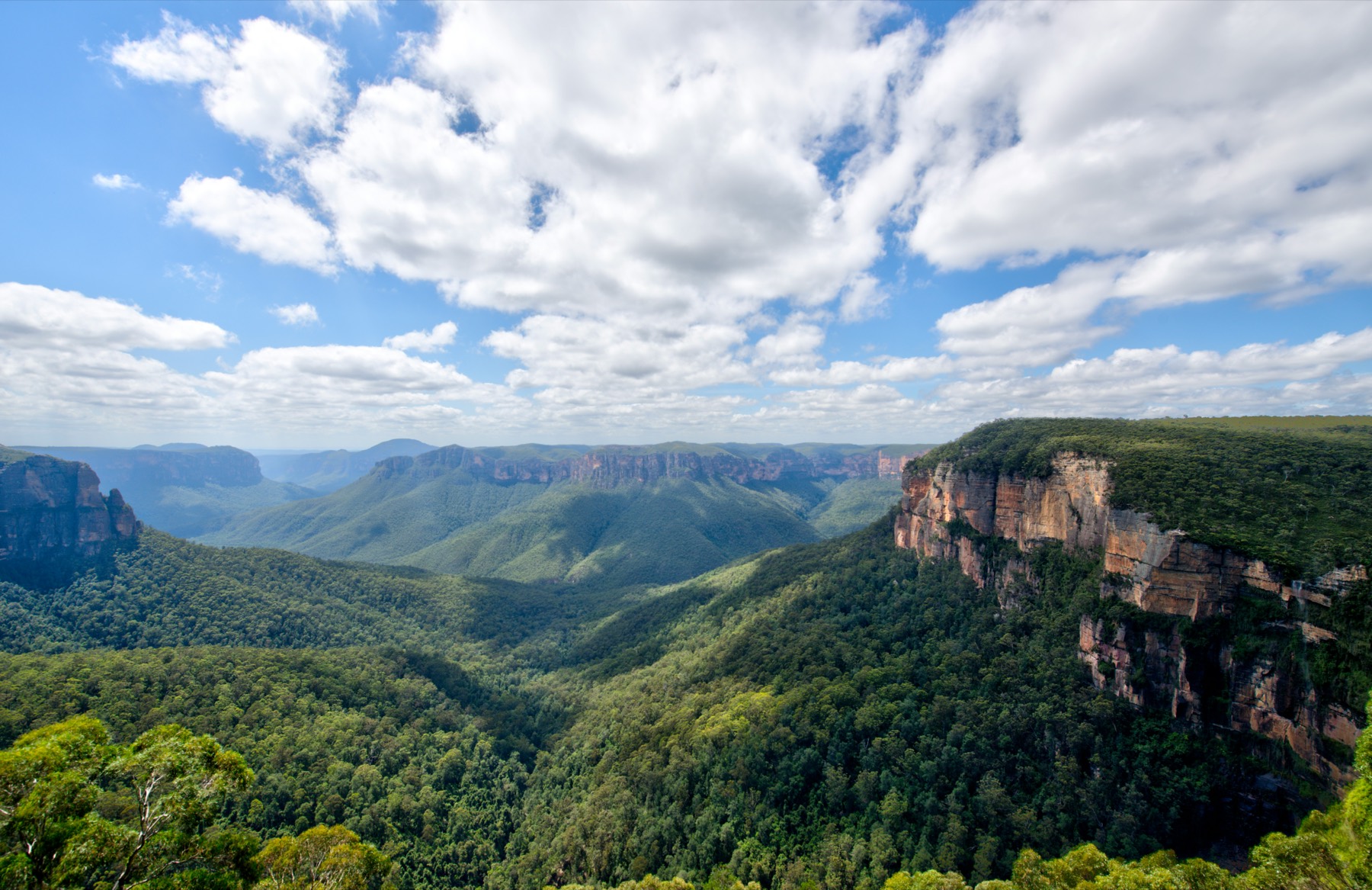 Vista aérea de Wolgan Valley entre acantilados de arenisca del Greater Blue Mountains, niebla azulada sobre el bosque